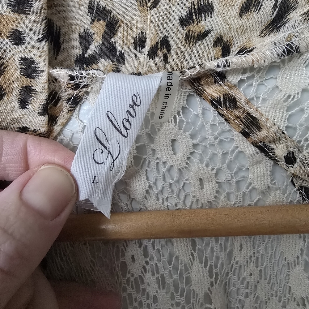 L Love Size Large Leopard Creme Lace Open Front Cardigan - Picture 5 of 11